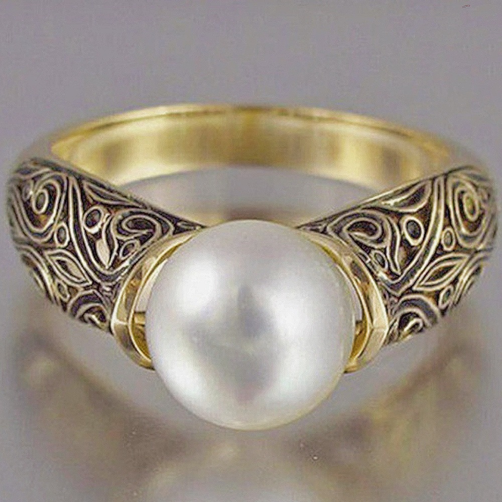S925 Vintage engraved pearl ring - Picture 1 of 3